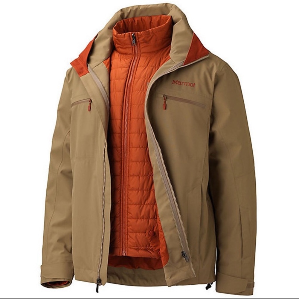 Mens marmot 3 n 1 ski  snow jacket tan orange
